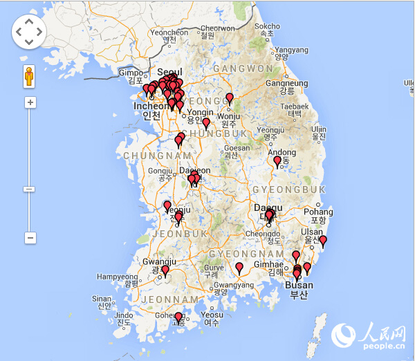 이것은 한국 병원 분포도이다. 제일 집중된 붉은색 구역은 서울 및 경기도 지역으로 구성된 수도권이다.